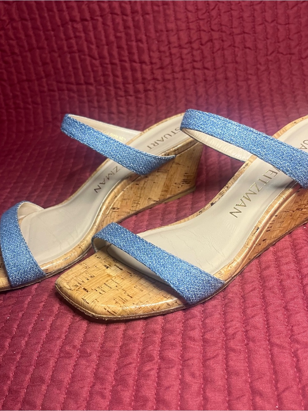 Stuart Weitzman Aleena 50 Cork Wedge Sandals Blue Slide Square Toe Size 7.5 - Picture 3 of 8